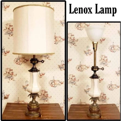 Lenox TORCHIERE TABLE LAMP BRASS AND PORCELAIN With SHADE 31" TALL - Image 1 of 4