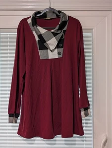 Timeson Women's XXL Maroon Long Sleeve Button Lapel Pullover Swing Tunic Plaid - Picture 1 of 8