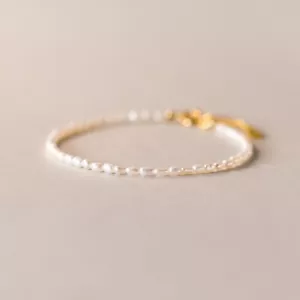 Women Genuine 925 Sterling Silver Slim Baroque Pearl Beads Charm Bracelet Bangle - Picture 1 of 5