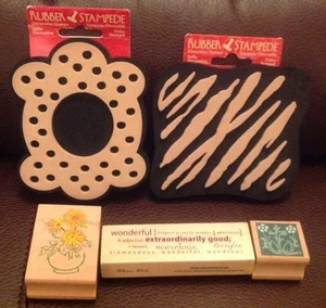 New 3 Wooden Printing Stamps With Flowers/Words & 2 Large Foam Rubber Stamps - Picture 1 of 6