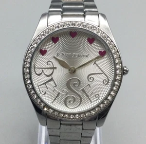 Betsey Johnson Watch Women Silver Tone 40mm Hearts Pave Bling New Battery 7" - Picture 1 of 15