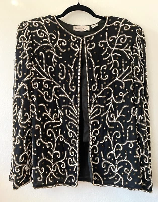 VTG 80s Jacket Lawrence Kazar glam Silk Sequin Beaded Faux Pearl Cocktail Party  - Image 1 of 4