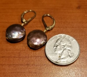 Gold filled earrings, coin pearl,  brown, French ear wire, handmade - Picture 1 of 2