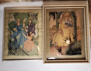 Victorian Reverse Painted Silhouette Lithograph 40s Framed Convex Glass Lot Pair - Bild 1 von 10