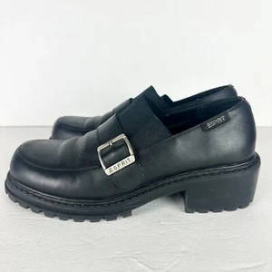 Esprit Vintage 90s Y2K Harrison Leather Chunky Loafers Size 8.5 Black Lug Sole - Picture 1 of 8