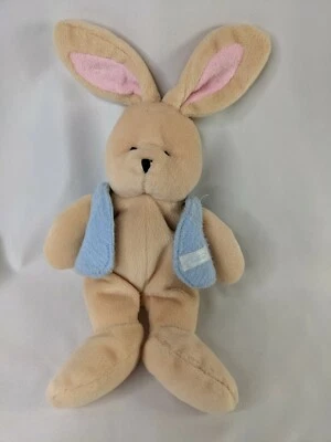 Carters Tan Rabbit Rattle Plush 12 Inch Terry Cloth Ears Blue Vest Stuffed  - Image 1 of 4