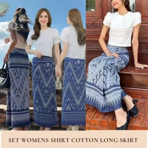 Womens Shirt  Long skirt Sarong Patterned Print Cotton, Set Ladies Thai Lisa - Picture 1 of 12