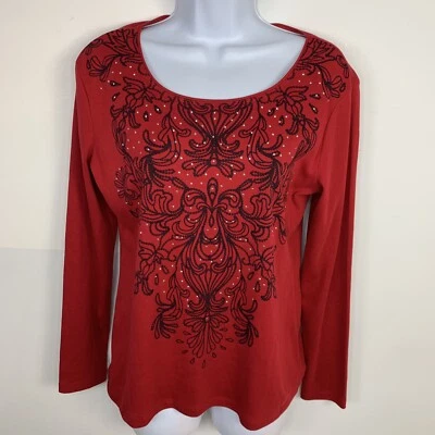 Karen Scott Womens Top Sz S Red Floral Paisley Round Neck Long Sleeve T Shirt  - Image 1 of 4