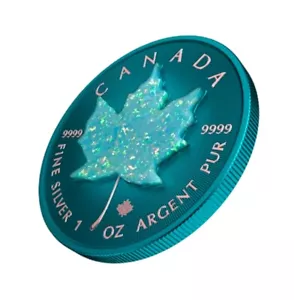 RARE! 1/100 Canada Maple Opal Stone 1oz Silver Coin .9999 - TEAL GREEN - SEALED! - Imagen 1 de 3