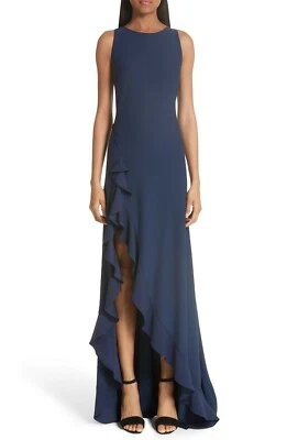 Maxi Vestido ZAC POSEN Azul Marino Borde con Volantes Alto Bajo Lado Abertura Elastizado Crepé Vestido 10 Foto 1 de 4