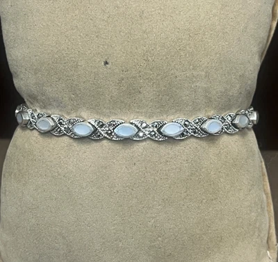 PULSERA ESLABONES XOXO PLATA ESTERLINA MARCASITA Y MADREPERLA 7-1/4" (12,75G? Foto 1 de 4