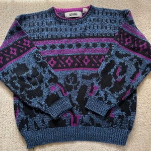 Vintage Gitano 80s/90s V-Neck Sweater Geometric & Rose Pattern, Retro Knit Sz L - Picture 1 of 5
