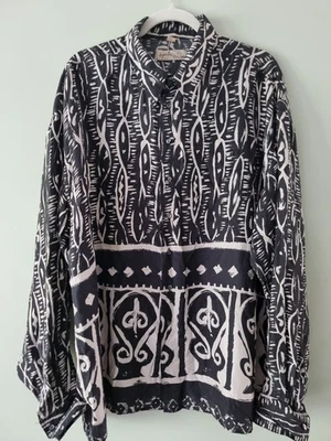 Camisa manga longa vintage anos 80 Angelo Litrico XL seda preta estampa tribal asteca - Imagem 1 de 4
