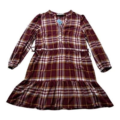 NWT Loft Dress Women's Large Petite Red Mini Plaid Side Tie Flare Tiered Fall - Image 1 of 4