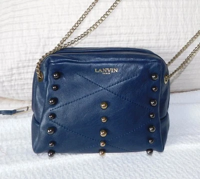 LANVIN NAVY LEATHER HANDBAG CHAIN STRAP METALLIC STUDS CROSSBODY BAG PURSE - Image 1 of 4