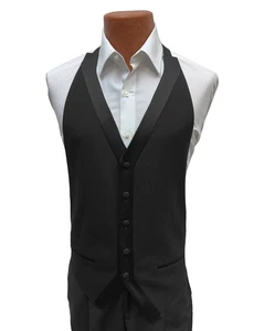 Men's Black Tuxedo Vest Open Back Adjustable Wool Satin Trim 5-Button Fits 34-48 - Picture 1 of 2