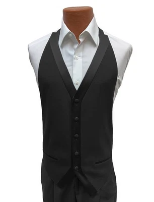 Men's Black Tuxedo Vest Open Back Adjustable Wool Satin Trim 5-Button Fits 34-48 - Image 1 of 2