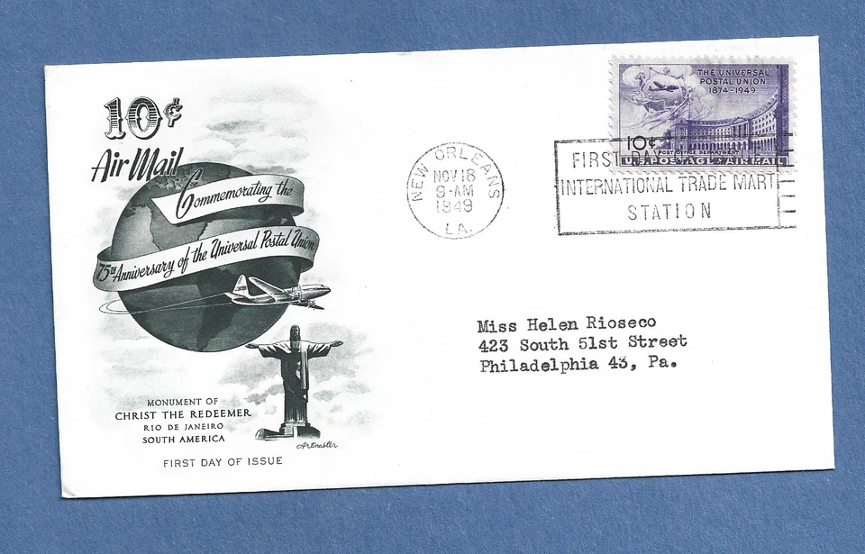 U.S AIR MAIL 10 CENT STAMP FDC NOV 18,1949 NEW ORLEANS LA  FLIGHT  COVER - Image 1 of 1