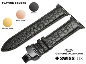 Alligator Crocodile For APPLE WATCH 4 5 6 7 8 9 BLACK Leather Strap Band Clasp - Picture 1 of 9