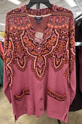 Isaac Mizrahi Live Floral Cotton BL Pink/ Burgundy Cardigan Sweater XLarge NWT - Image 1 of 4