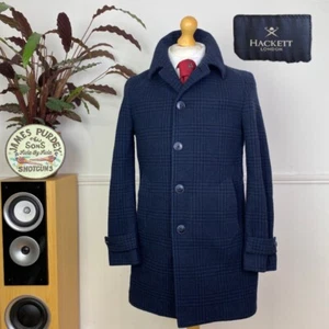 HACKETT LONDON Tweed POW Glencheck Blue Collared Overcoat Jacket Car Coat (36R) - Picture 1 of 18