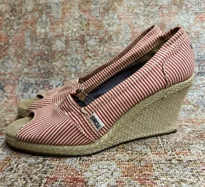 TOMS Michelle sandali donna 8M rosso bianco righe espadrillas zeppa punta aperta juta  - Foto 1 di 15