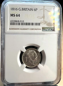 1816 Great Britain, UK, 6P Sixpence, George III, KM# 665, Bull head, NGC MS 64 - Picture 1 of 4