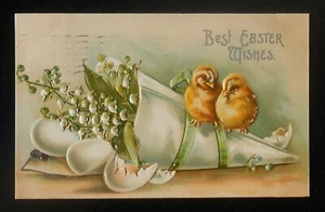 1910 Easter Greetings Cute Chicks Broken Eggs Lily of the Valley Flowers PC - Picture 1 of 1