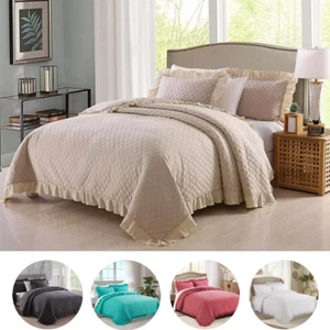 Colcha acolchada con volantes de 3 piezas doble queen tamaño king en relieve colcha cama - Imagen 1 de 46