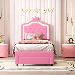 Kinderbett 90x200cm Polsterbett Bettgestell mit Schublade Stauraumbett LED Rosa - Bild 1 von 10