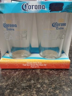 Juego de 2 vasos de pinta Corona Extra 16 oz "Encuentra tu playa" bar de cerveza sala de juegos NUEVO Foto 1 de 4
