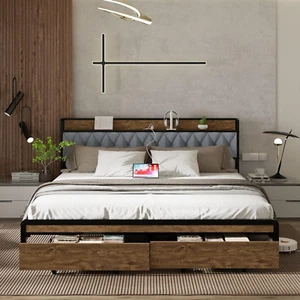 King Size Metal Platform Bed Frame with 2 Storage Drawers & LED Light, Velvet Bu - Picture 1 of 7