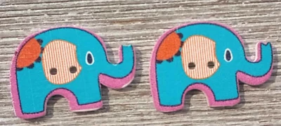 2 Blue Elephant Flower Sewing Buttons Crafting Wood 2 Hole 1 1/8"  - Image 1 of 2