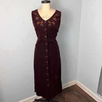 Винтажный Erika вышитые листья 90-х гранж темно-бордовый кнопка макси джемпер вельветовое платье - Изображение 1 из 4