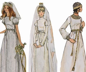1960s High Waist Juliet Sleeve A Lin Wedding Dress Butterick 6059 Sewing Pattern - Picture 1 of 3