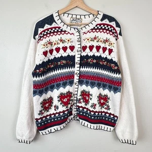 Cardigan donna XL bianco vintage maglia nonna maglione ricamato cuori fiori - Foto 1 di 17