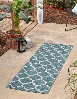 Unique Loom Outdoor Trellis Collection Area Rug (2' x 8' Runner, Teal/ Gray) - Image 1 of 4