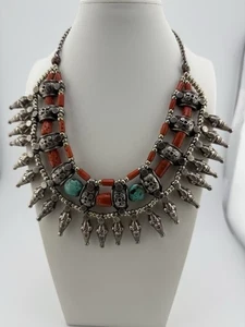 Tribal Ladakh Linkage Sterling silver red coral and turquoise necklace 16 In L. - Picture 1 of 11
