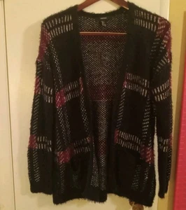 Forever 21 Women's Cardigan Sz L Black Red White Mohair Type Open Long  Sweater - Picture 1 of 5