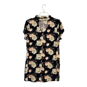 MINI CAMISA VESTIDO DADOS SUAVE NEGRO FLORAL ROSA ESTAMPADO CUELLO FALSO OJO DE CERRADURA TALLA XL - Imagen 1 de 7