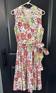 Talbots Faux Wrap Side Tie Dress Cotton Pink Green Red White Floral Size 12 EUC - Picture 1 of 9