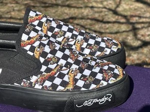 ED HARDY Checkerboard Loafers Slide On Slides RUNNING BENGAL TIGER Sz 7❤️blt11j4 - Picture 1 of 14