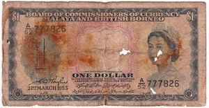 Mazuma *M4498 Malaya Queen Elizabeth II QEII 1953 $1 A/52 777826 F Only - Picture 1 of 2