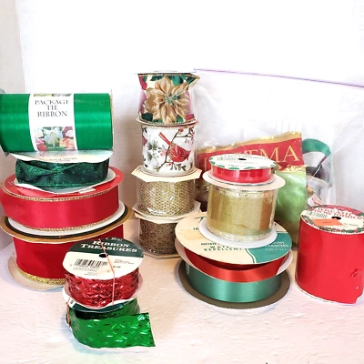 Vtg Christmas Ribbon Big Lot 16 Spools Wire Edge Satin Velvet Foil New Partials - Image 1 of 4