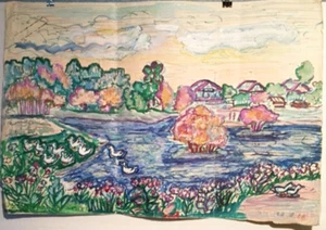 LAKE DUCKS FLOWERS HOUSES Primitive Art by Russian artist Tanya Tabashnikova - Picture 1 of 3
