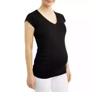 Oh! Mamma Womens Maternity Basic V-Neck T-Shirt Flattering Side Ruching 2X Black - Picture 1 of 4