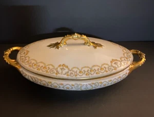 Vtg Limoges France Covered Vegetable Dish N. Klein & Bros. Yellow Roses w/ Gold - Picture 1 of 14