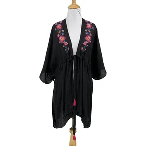 Anna & Ava Kimono Womens One Size Black Floral Embroidered Tassel Tie Cover Up - Picture 1 of 13