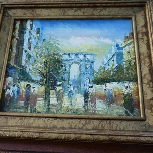 impressionist-style oil painting Paris street scene featuring  Arc de Triomphe - Picture 1 of 10