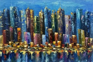 New York Original Art Night Cityscape Painting Skyline Art New York Painting - Picture 1 of 15